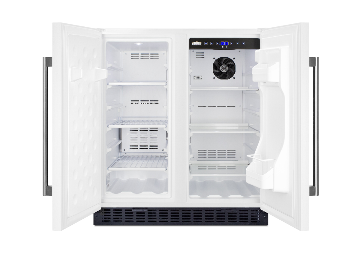 Frost-free side-by-side refrigerator-freezer for built-in or freestanding use in white finish with locks, stainless steel handles, door storage, and digital controls